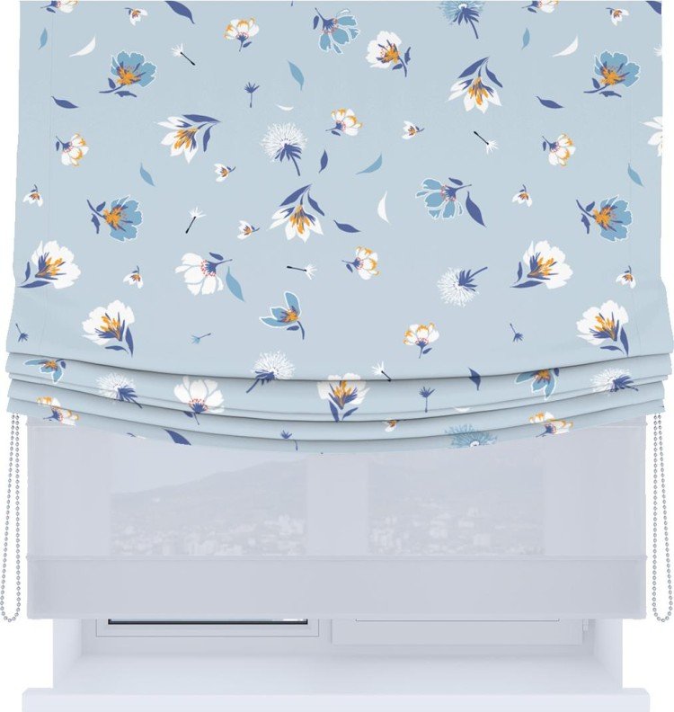 Римская штора «Кортин», день-ночь с мягкими складками, «Голубые цветы»